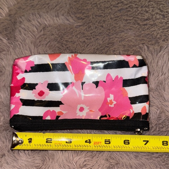 Floral Striped cosmetic makeup zipper closure Pouch pink black & white - Picture 2 of 5